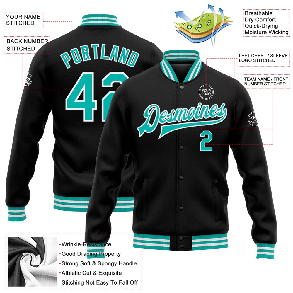 Custom Black Aqua White Bomber Full Snap Baseball Jacket, Custom Team Jacket