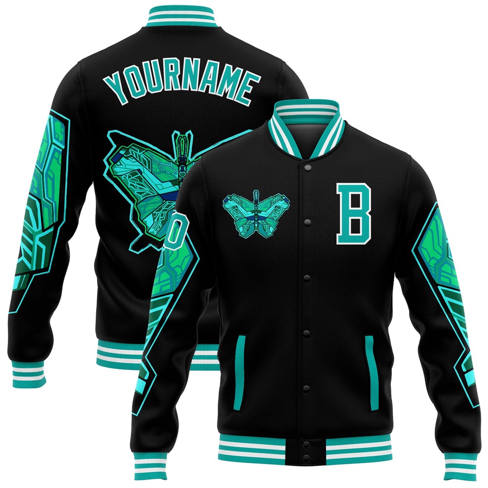 Custom Black Aqua White Butterfly 3D Pattern Design Bomber Full Snap Baseball Jacket, Custom Team Jacket