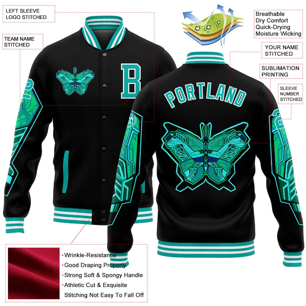 Custom Black Aqua White Butterfly 3D Pattern Design Bomber Full Snap Baseball Jacket, Custom Team Jacket