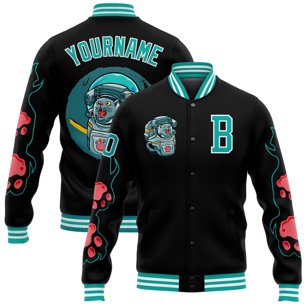 Custom Black Aqua White Seated Cat 3D Pattern Design Bomber Full Snap Baseball Jacket, Custom Team Jacket