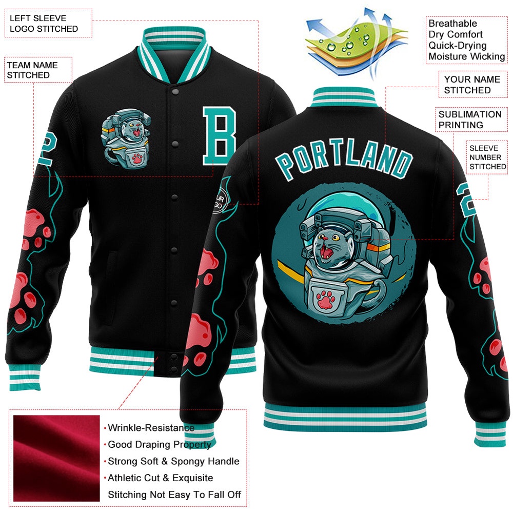 Custom Black Aqua White Seated Cat 3D Pattern Design Bomber Full Snap Baseball Jacket, Custom Team Jacket