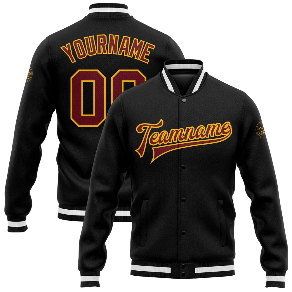 Custom Black Burgundy Gold Bomber Full Snap Baseball Jacket, Custom Team Jacket