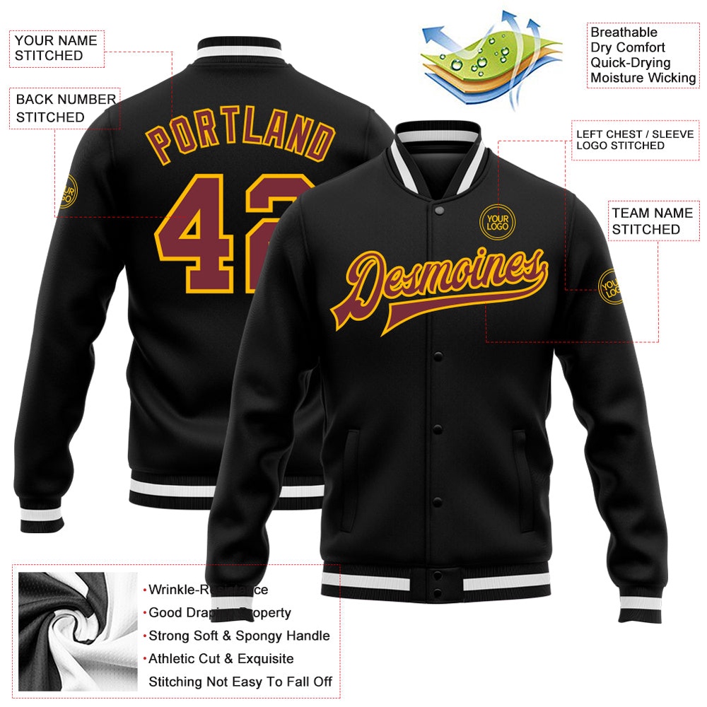 Custom Black Burgundy Gold Bomber Full Snap Baseball Jacket, Custom Team Jacket