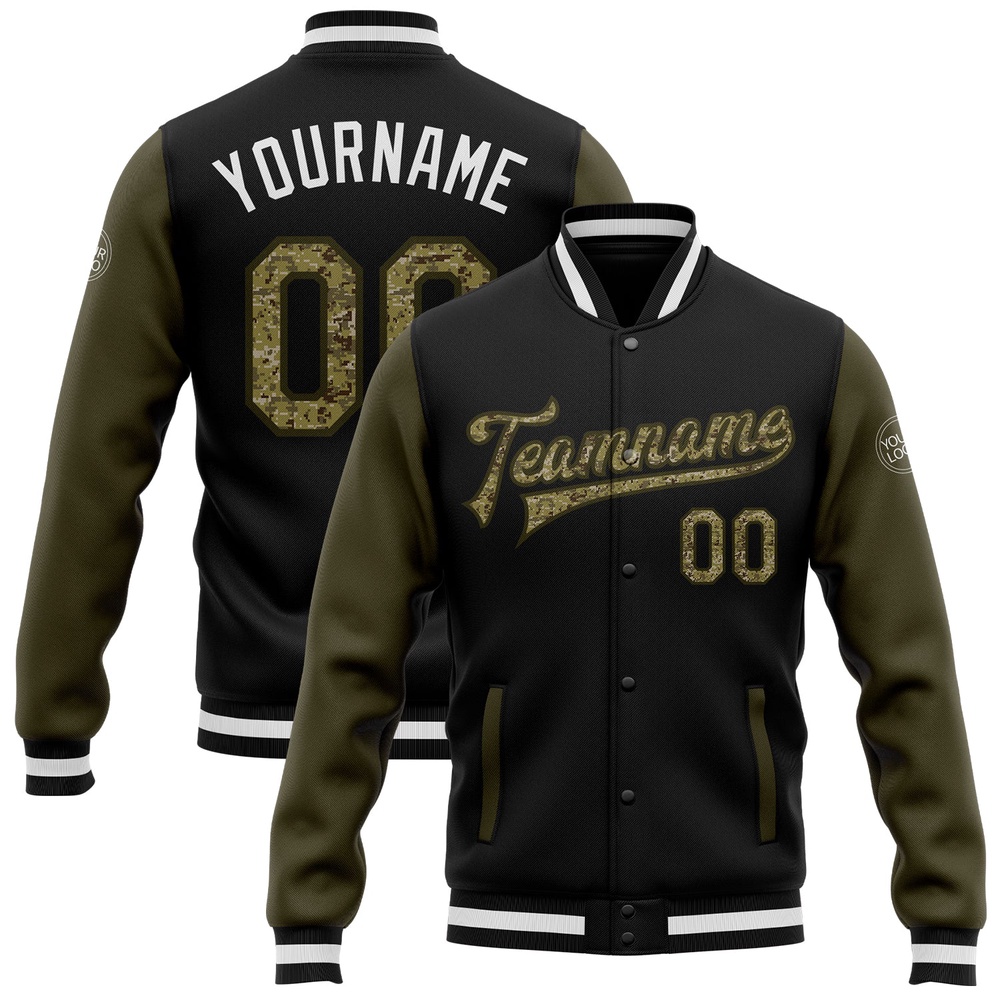 Custom Black Camo Olive Bomber Full Snap Varsity Baseball Jacket, Custom Team Jacket