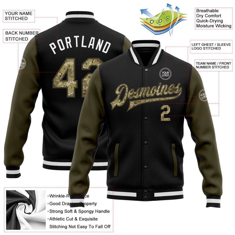 Custom Black Camo Olive Bomber Full Snap Varsity Baseball Jacket, Custom Team Jacket