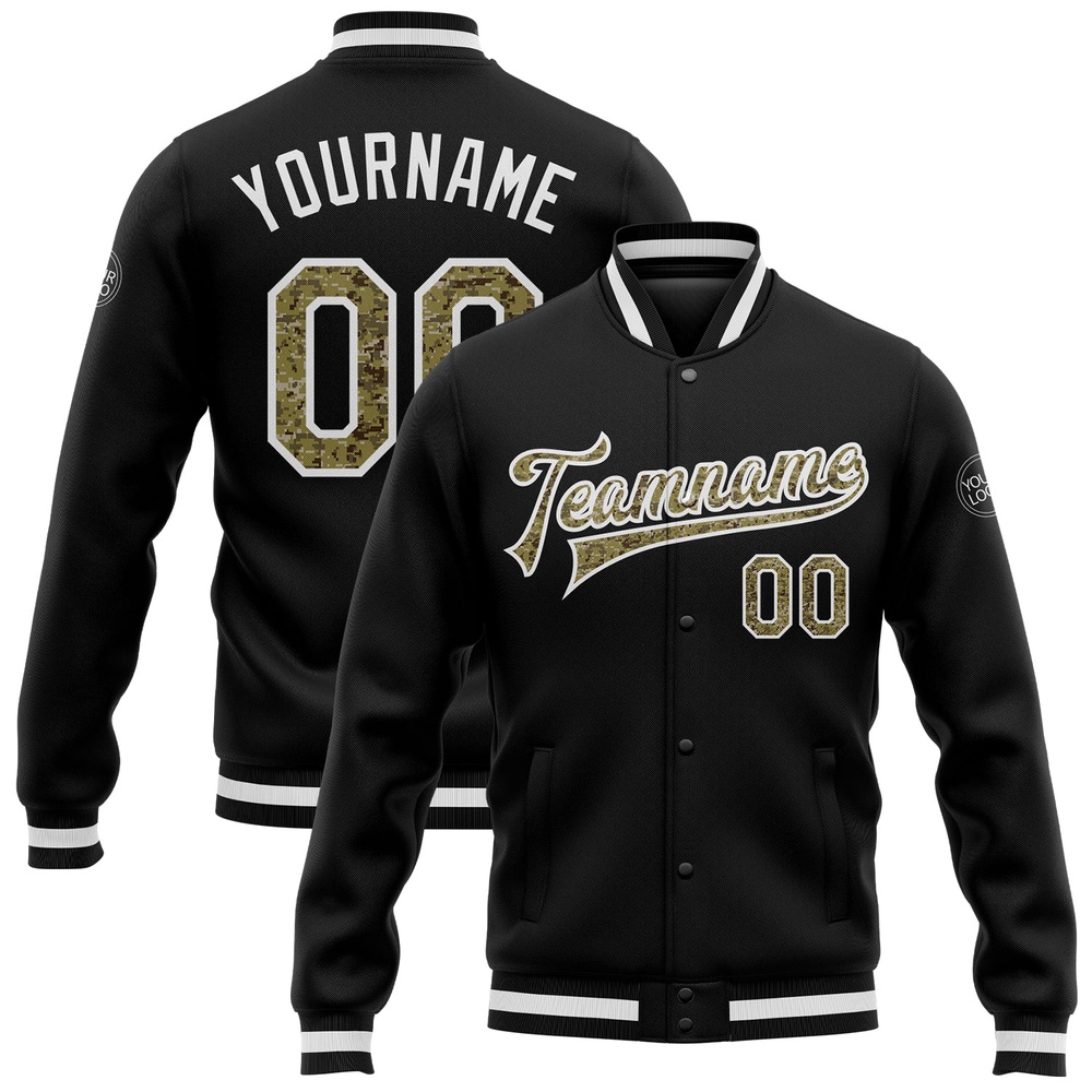 Custom Black Camo White Bomber Full Snap Baseball Jacket, Custom Team Jacket