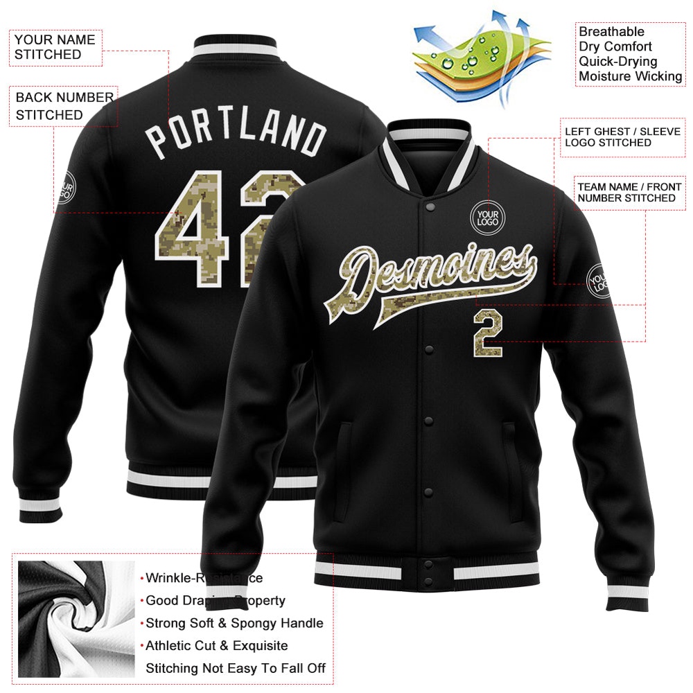 Custom Black Camo White Bomber Full Snap Baseball Jacket, Custom Team Jacket