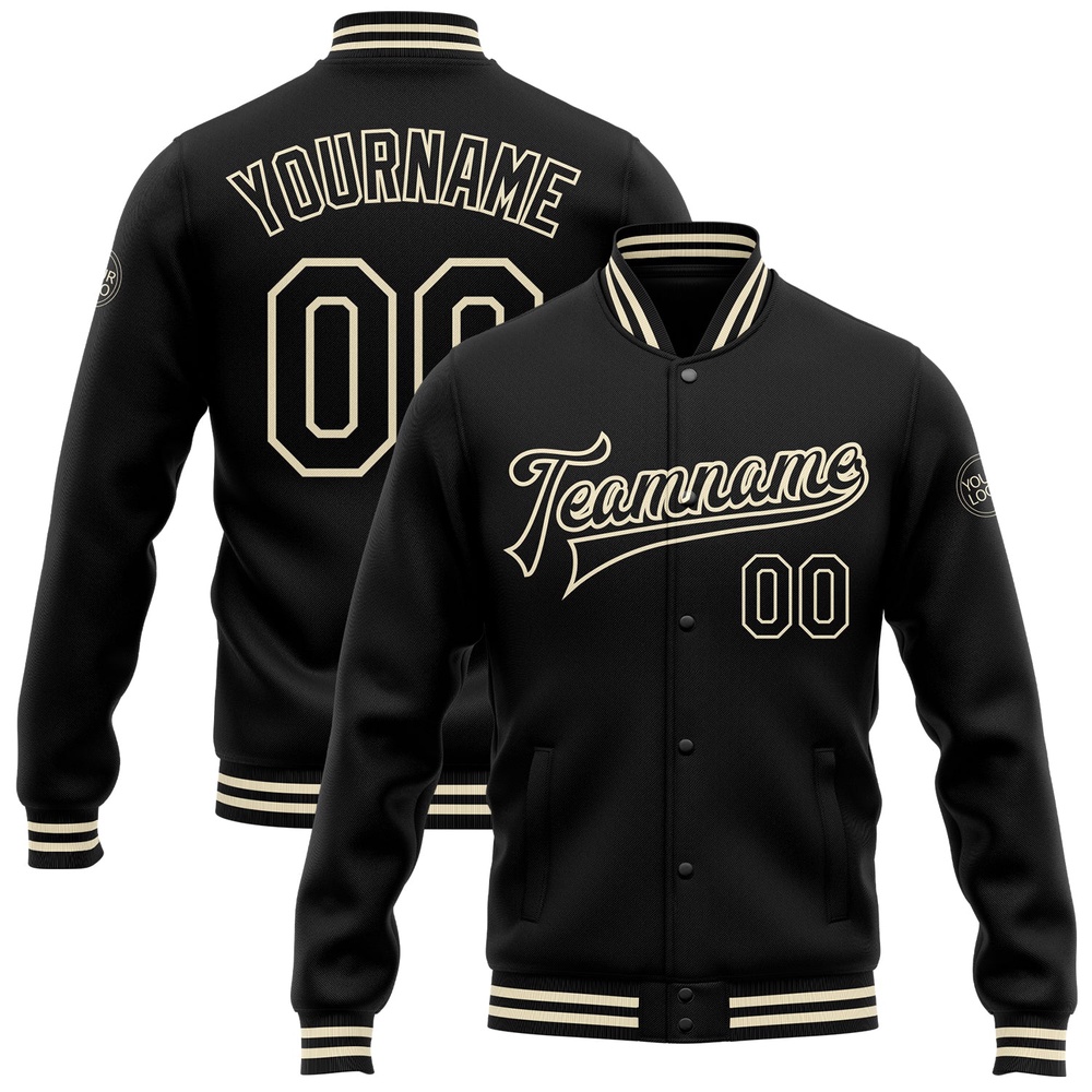 Custom Black Cream Bomber Full Snap Baseball Jacket, Custom Team Jacket