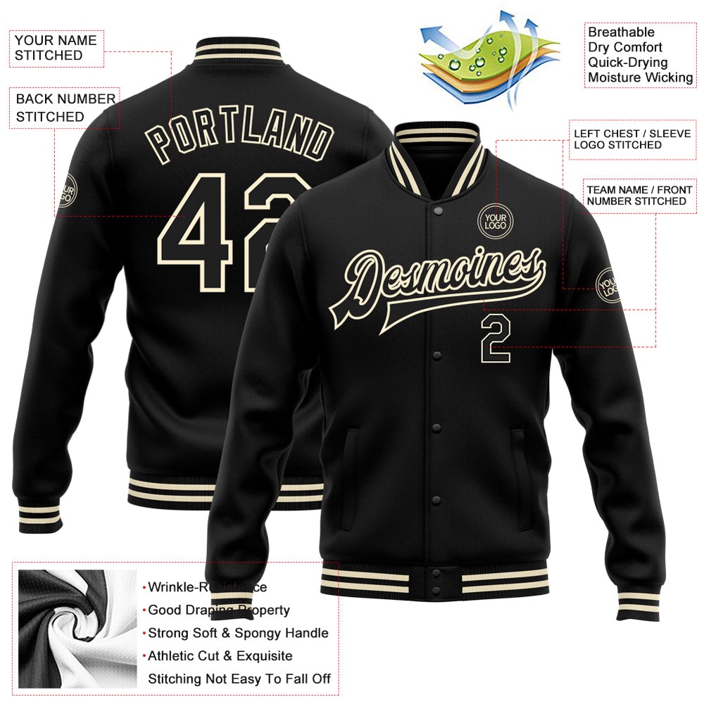 Custom Black Cream Bomber Full Snap Baseball Jacket, Custom Team Jacket