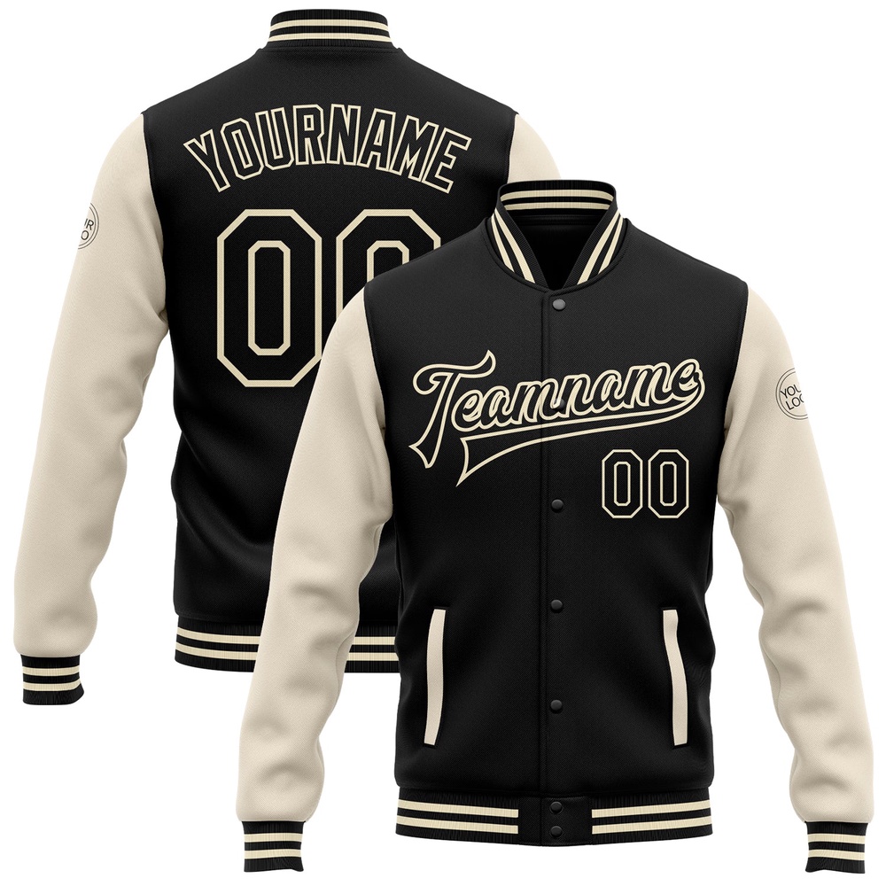 Custom Black Cream Bomber Full Snap Varsity Baseball Jacket, Custom Team Jacket
