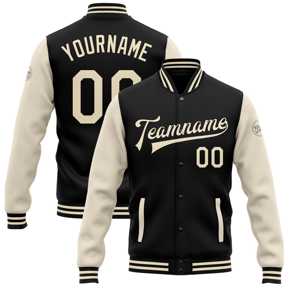 Custom Black Cream Bomber Full Snap Varsity Baseball Jacket, Custom Team Jacket