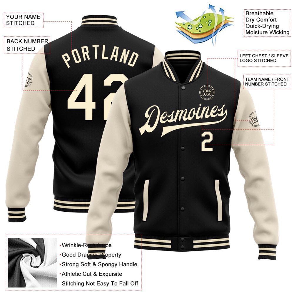 Custom Black Cream Bomber Full Snap Varsity Baseball Jacket, Custom Team Jacket