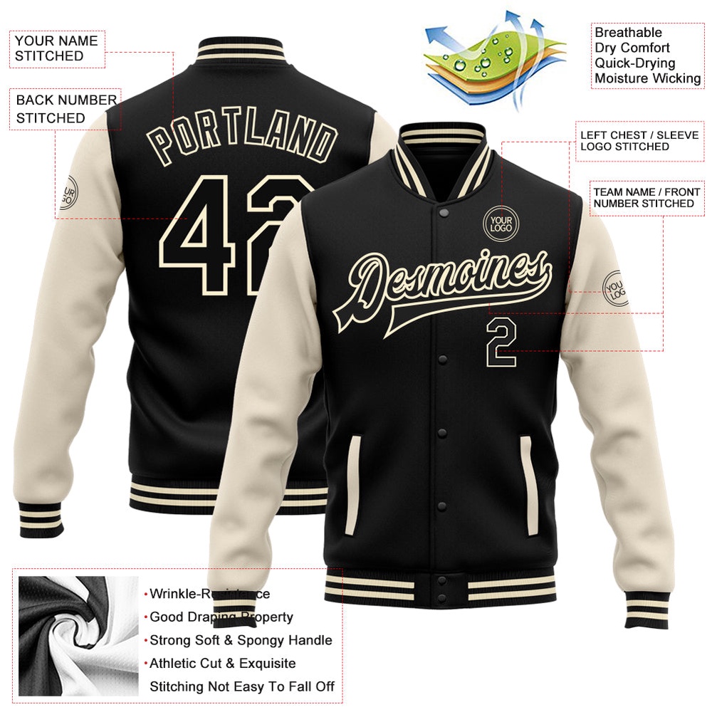 Custom Black Cream Bomber Full Snap Varsity Baseball Jacket, Custom Team Jacket