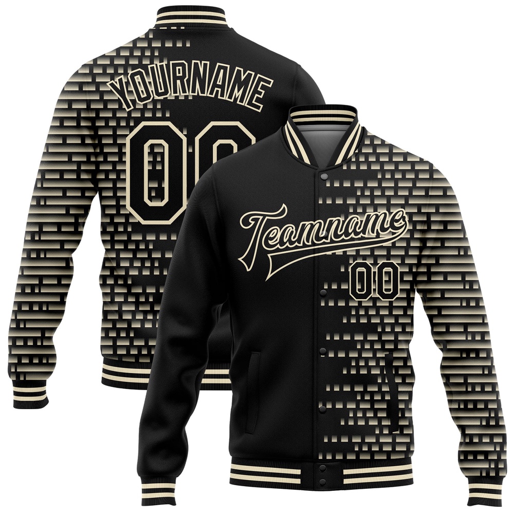 Custom Black Cream Halftone 3D Pattern Design Bomber Full Snap Baseball Jacket, Custom Team Jacket