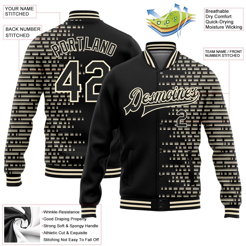 Custom Black Cream Halftone 3D Pattern Design Bomber Full Snap Baseball Jacket, Custom Team Jacket