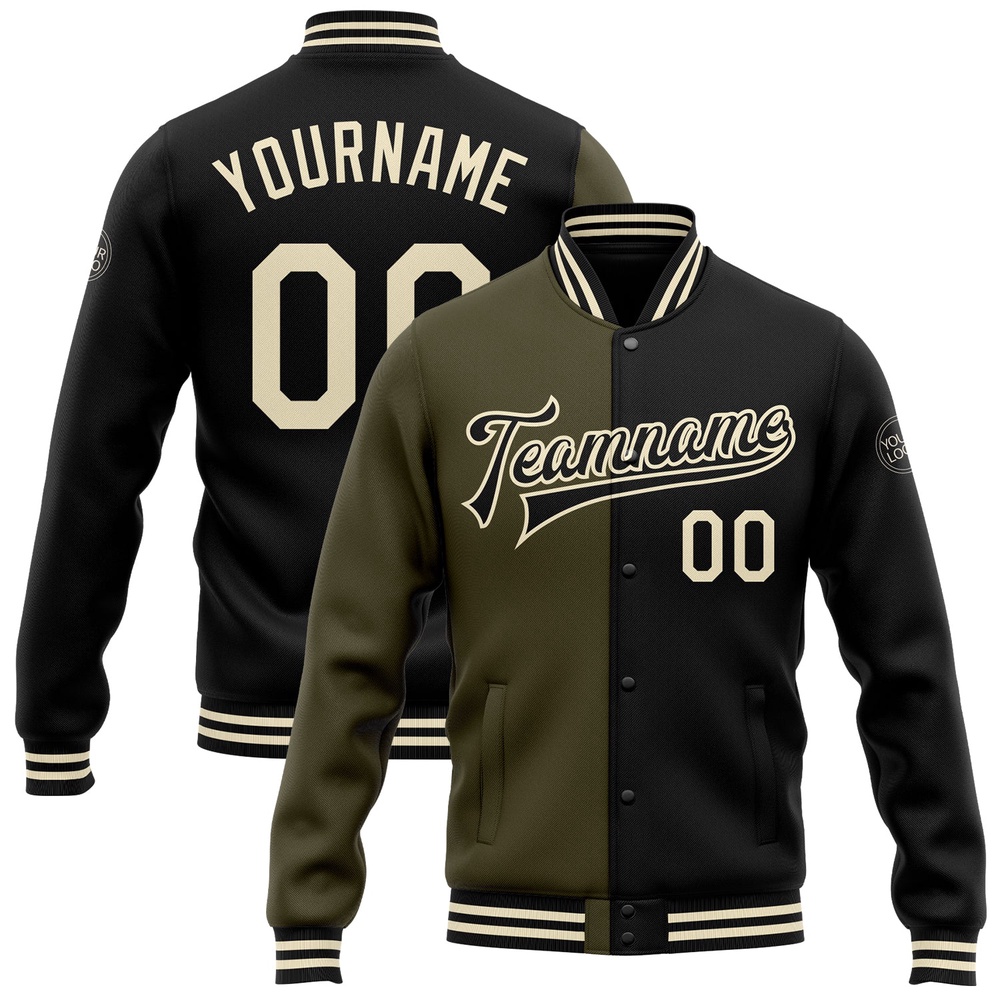 Custom Black Cream Olive Bomber Full Snap Varsity Letterman Split Fashion Jacket, Custom Team Jacket