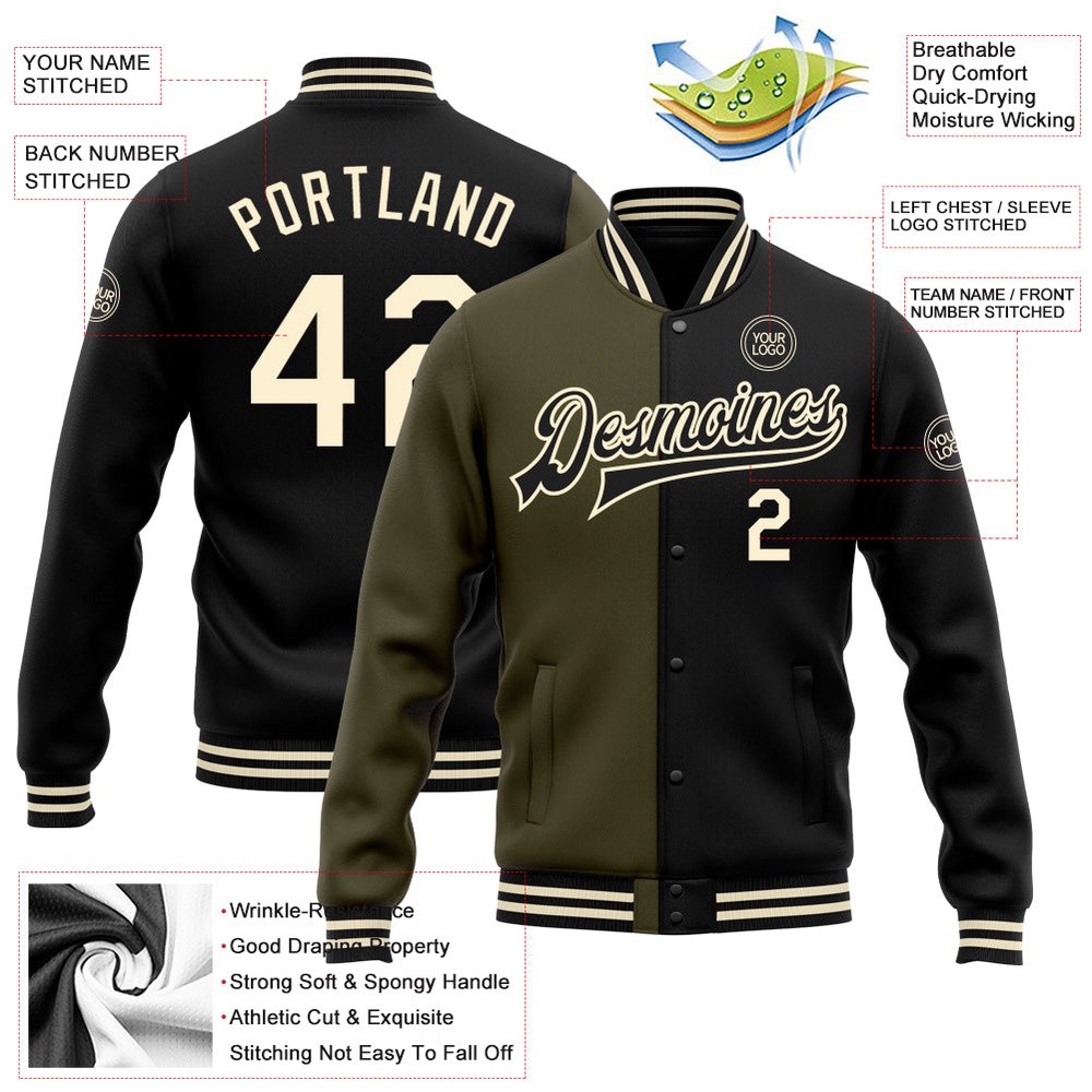 Custom Black Cream Olive Bomber Full Snap Varsity Letterman Split Fashion Jacket, Custom Team Jacket
