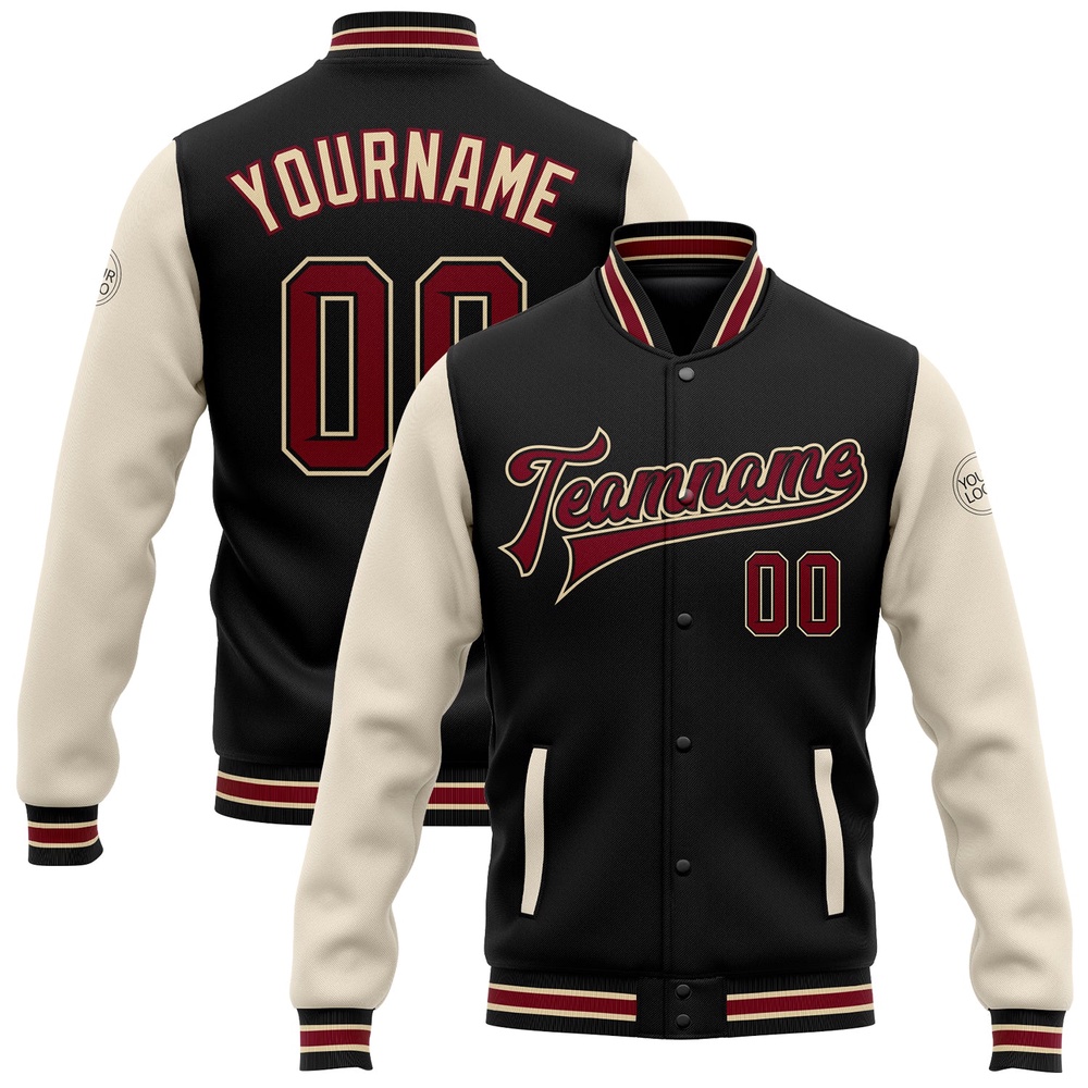 Custom Black Crimson City Cream Cream Bomber Full Snap Varsity Baseball Jacket, Custom Team Jacket Custom Black Crimson City Cream Cream Bomber Full Snap Varsity Baseball Jacket, Custom Team Jacket