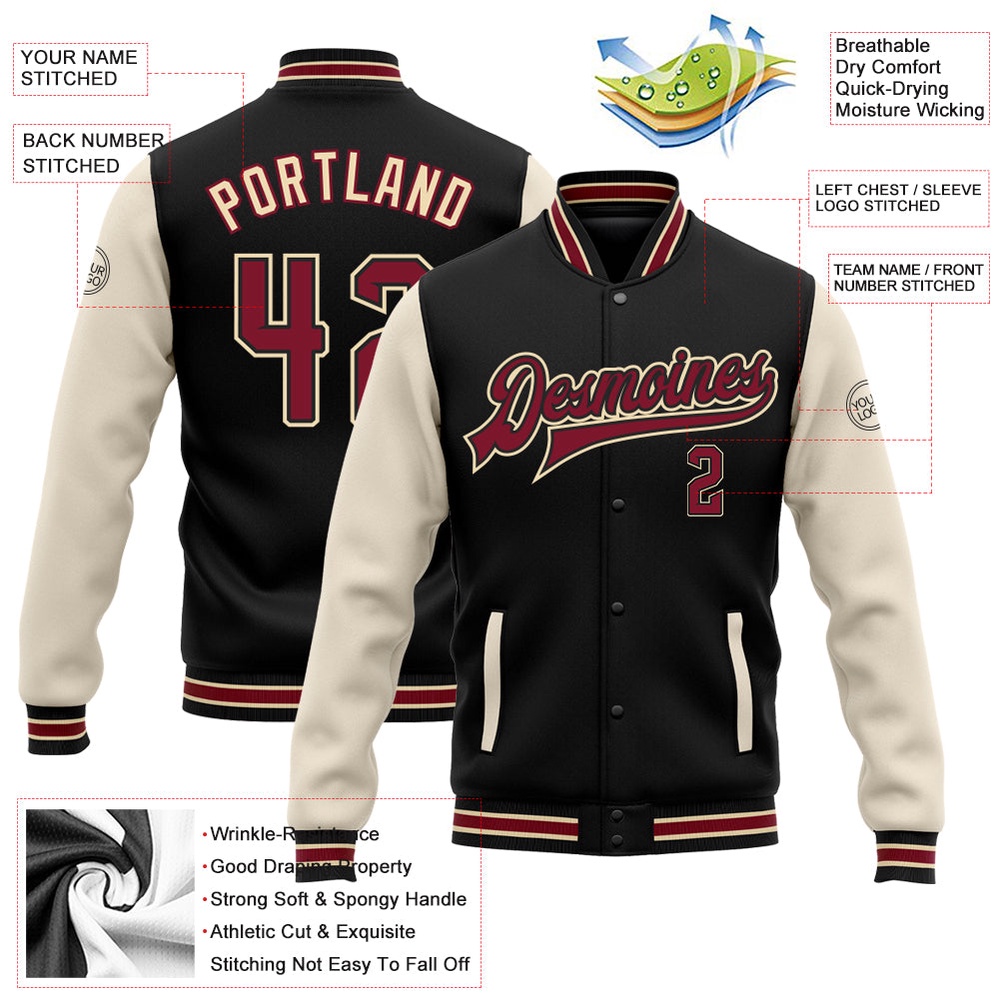 Custom Black Crimson City Cream Cream Bomber Full Snap Varsity Baseball Jacket, Custom Team Jacket Custom Black Crimson City Cream Cream Bomber Full Snap Varsity Baseball Jacket, Custom Team Jacket