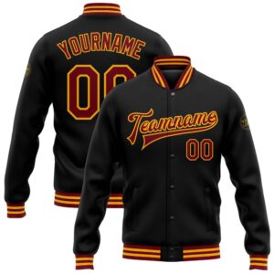 Custom Black Crimson Gold Bomber Full Snap Baseball Jacket, Custom Team Jacket