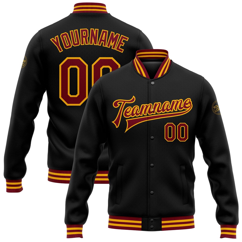 Custom Black Crimson Gold Bomber Full Snap Baseball Jacket, Custom Team Jacket