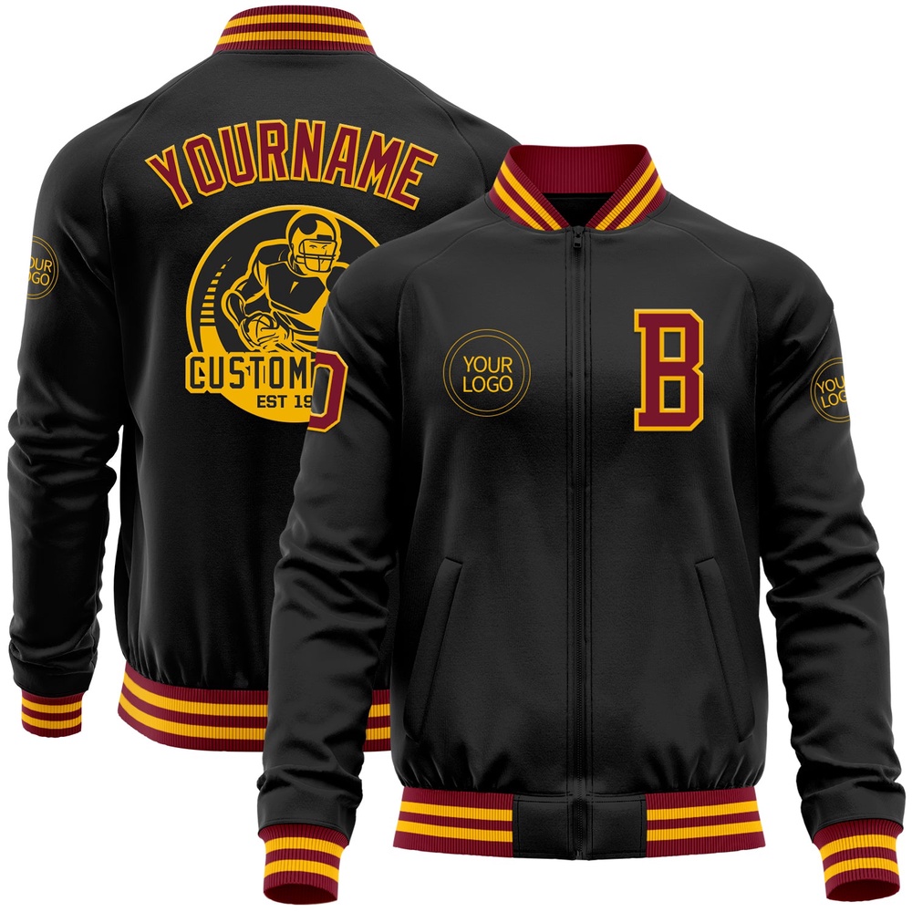 Custom Black Crimson Gold Bomber Varsity Baseball Jacket, Custom Team Jacket