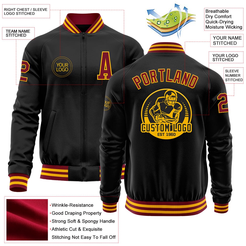 Custom Black Crimson Gold Bomber Varsity Baseball Jacket, Custom Team Jacket