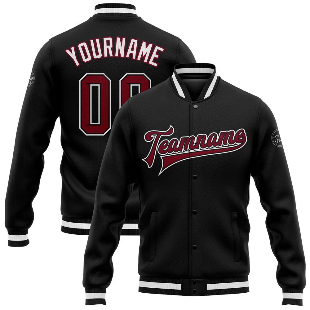 Custom Black Crimson White Bomber Full Snap Baseball Jacket, Custom Team Jacket