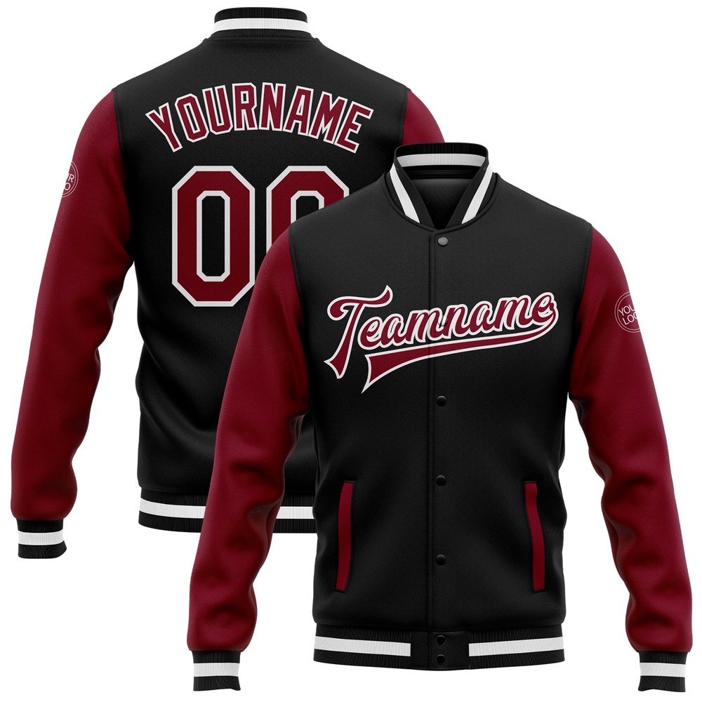 Custom Black Crimson White Bomber Full Snap Varsity Baseball Jacket, Custom Team Jacket