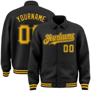 Custom Black Gold Bomber Full Snap Varsity…