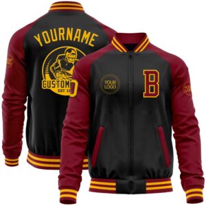 Custom Black Gold Crimson Bomber Varsity Baseball…