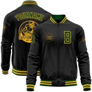 Custom Black Gold Green Bomber Varsity Baseball…