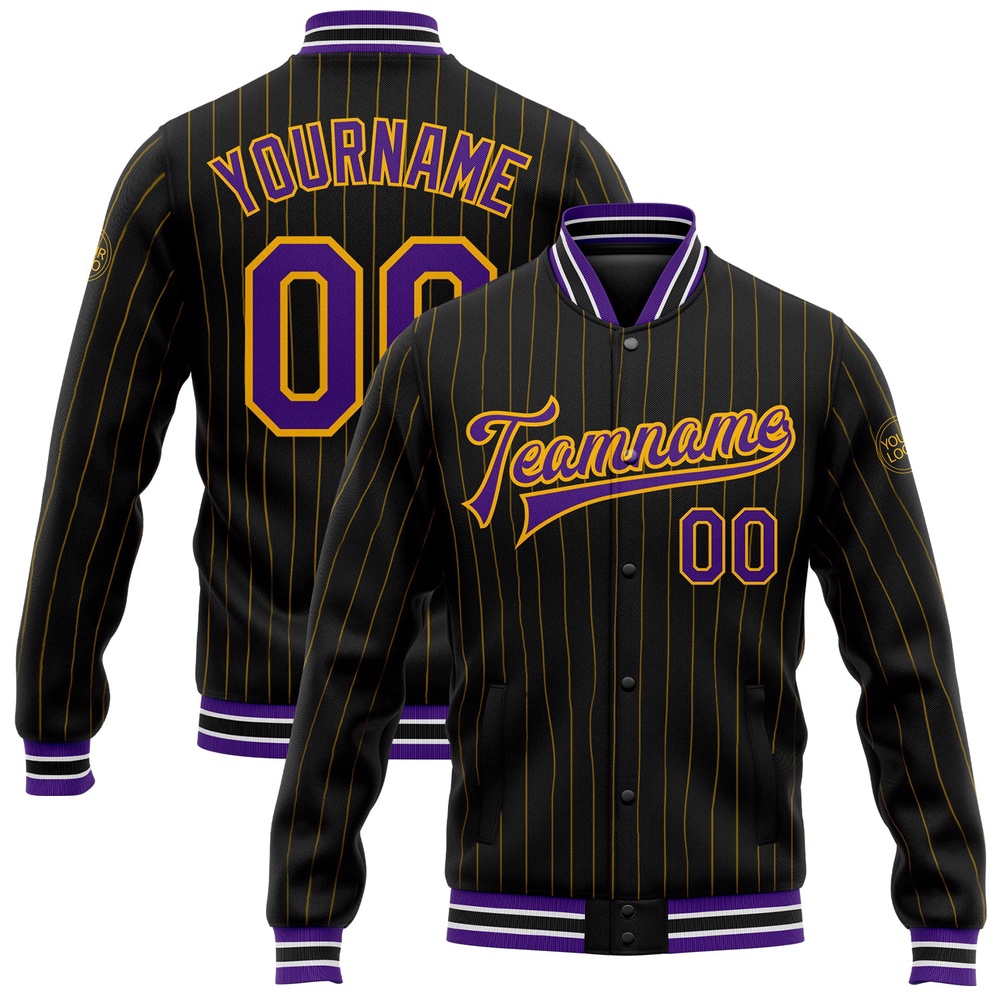 Custom Black Gold Pinstripe Purple White Bomber Full Snap Baseball Jacket, Custom Team Jacket Custom Black Gold Pinstripe Purple White Bomber Full Snap Baseball Jacket, Custom Team Jacket