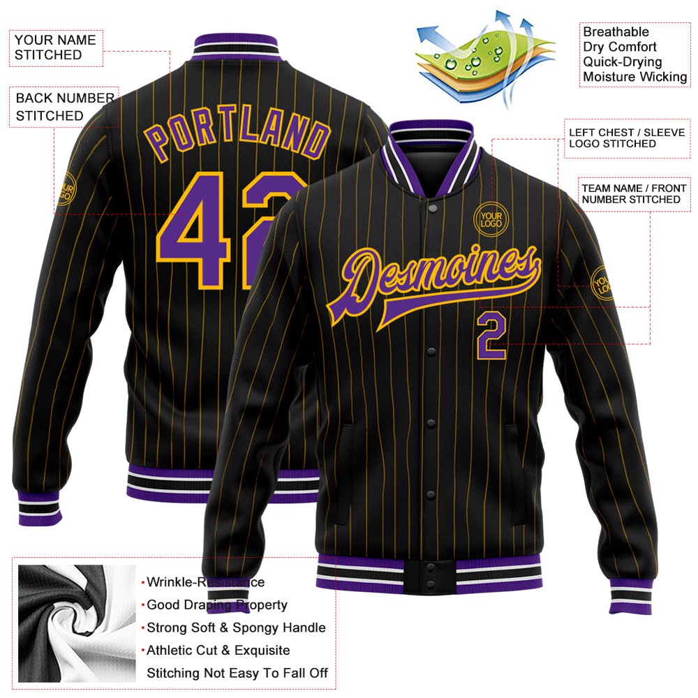 Custom Black Gold Pinstripe Purple White Bomber Full Snap Baseball Jacket, Custom Team Jacket Custom Black Gold Pinstripe Purple White Bomber Full Snap Baseball Jacket, Custom Team Jacket