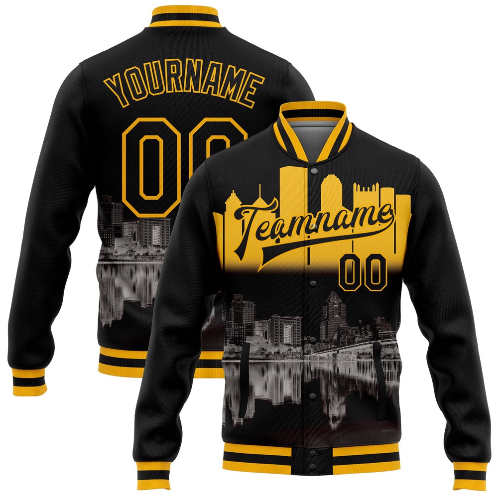 Custom Black Gold Pittsburgh Pennsylvania City Edition 3D Bomber Full Snap Baseball Jacket, Custom Team Jacket