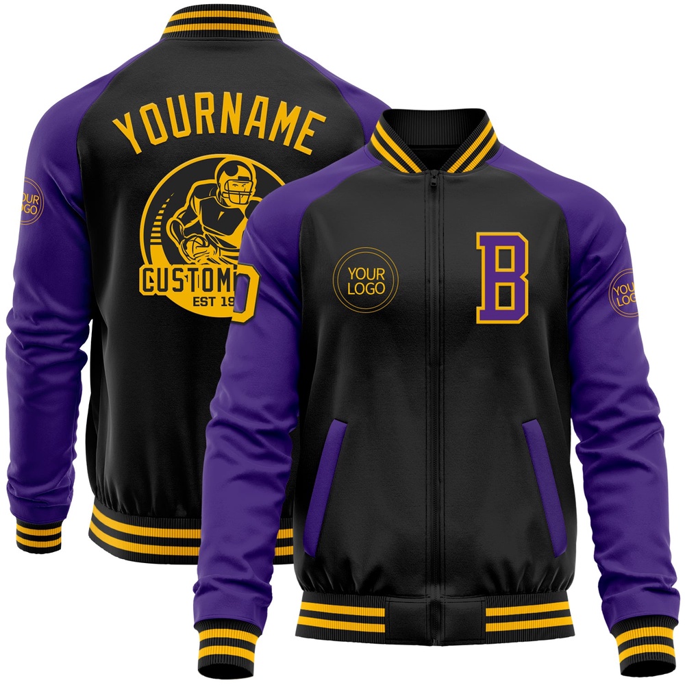 Custom Black Gold Purple Bomber Varsity Baseball Jacket, Custom Team Jacket