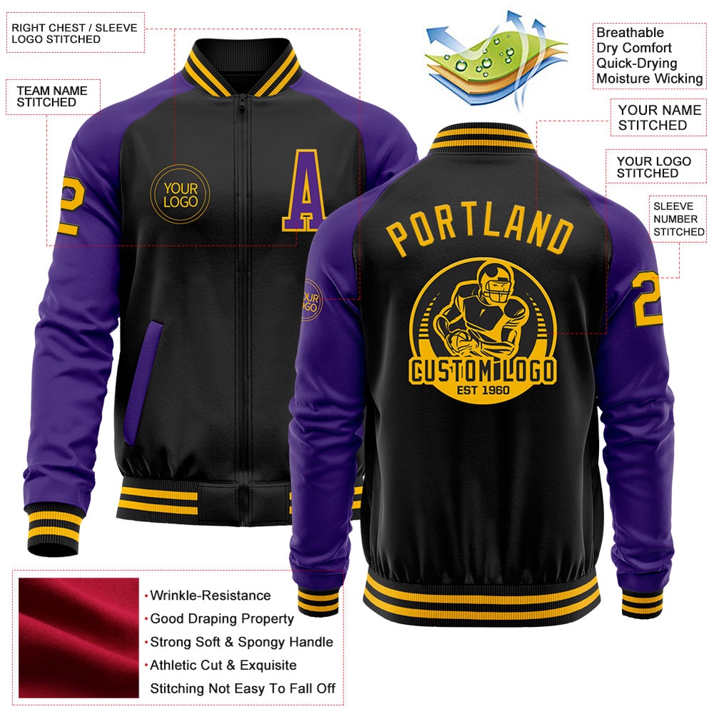 Custom Black Gold Purple Bomber Varsity Baseball Jacket, Custom Team Jacket