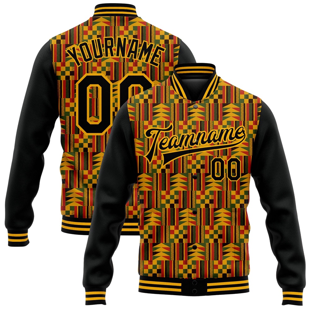 Custom Black Gold Red Kelly Green Black History Month 3D Pattern Design Bomber Full Snap Baseball Jacket, Custom Team Jacket