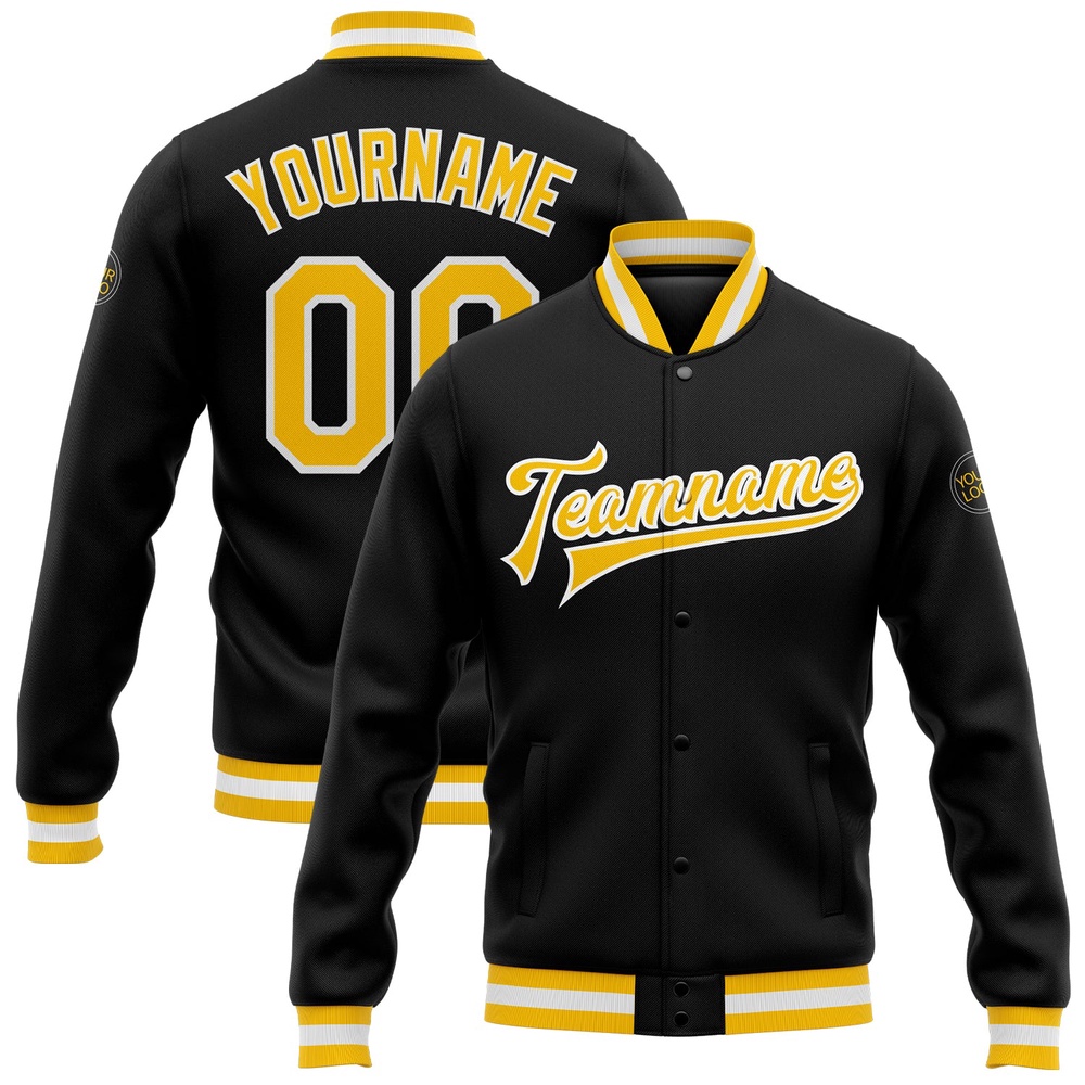 Custom Black Gold White Bomber Full Snap Baseball Jacket, Custom Team Jacket