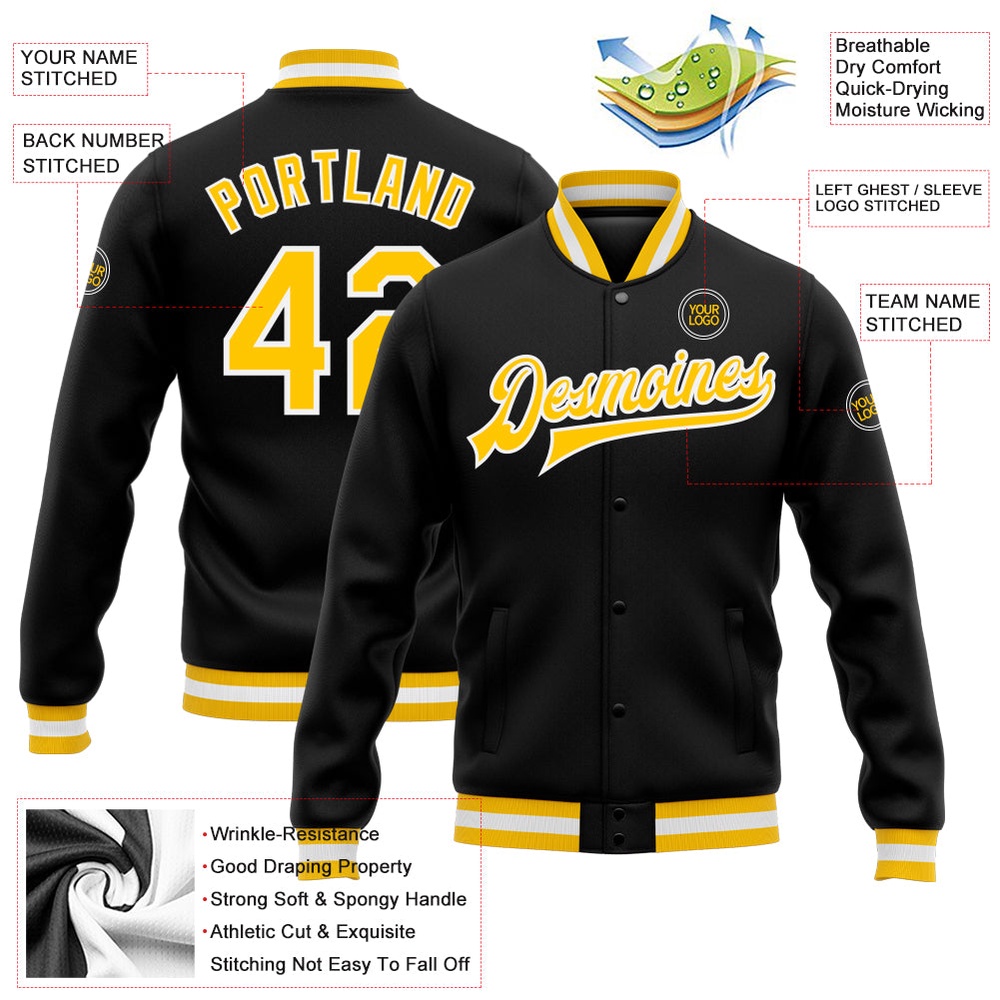 Custom Black Gold White Bomber Full Snap Baseball Jacket, Custom Team Jacket
