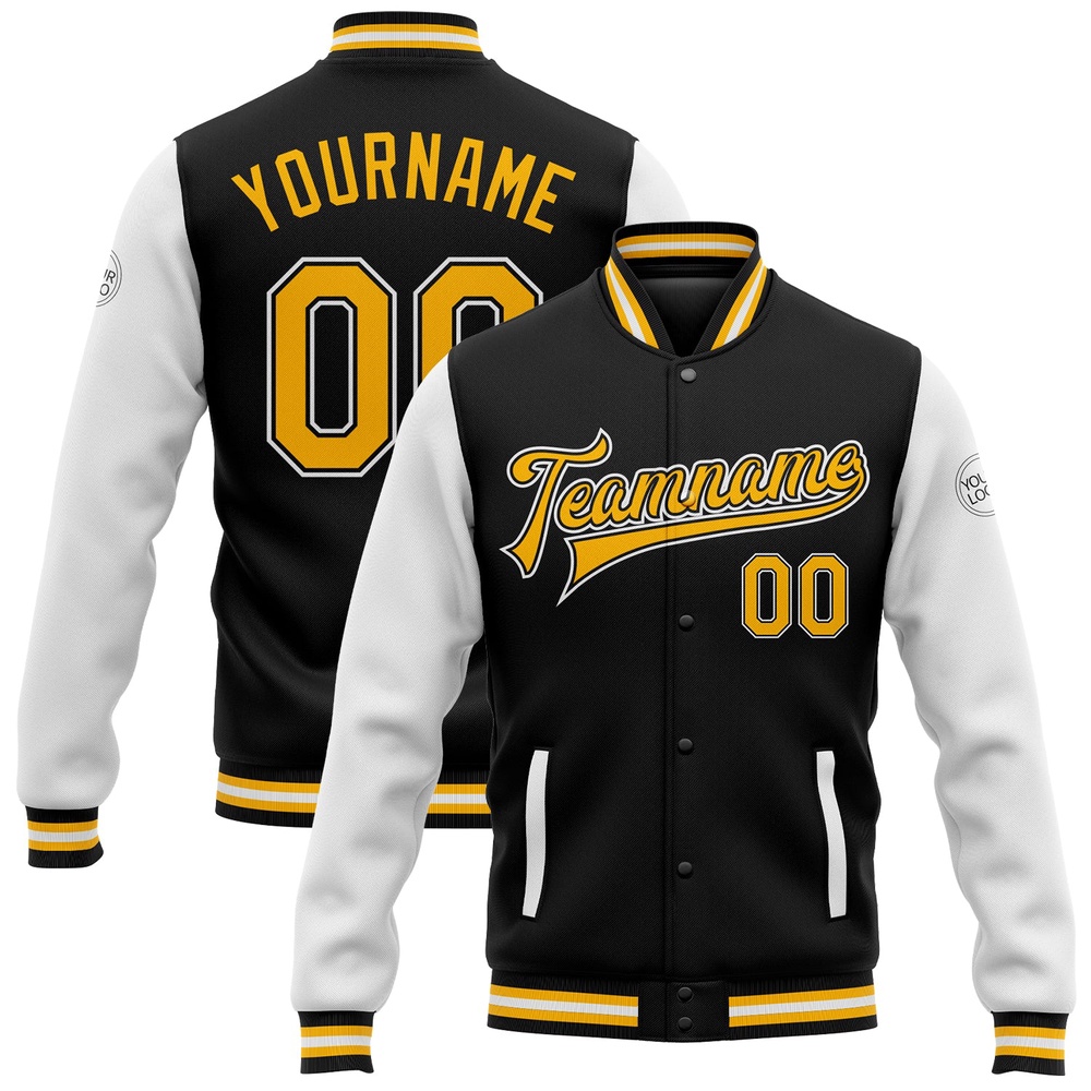 Custom Black Gold White Bomber Full Snap Varsity Baseball Jacket, Custom Team Jacket