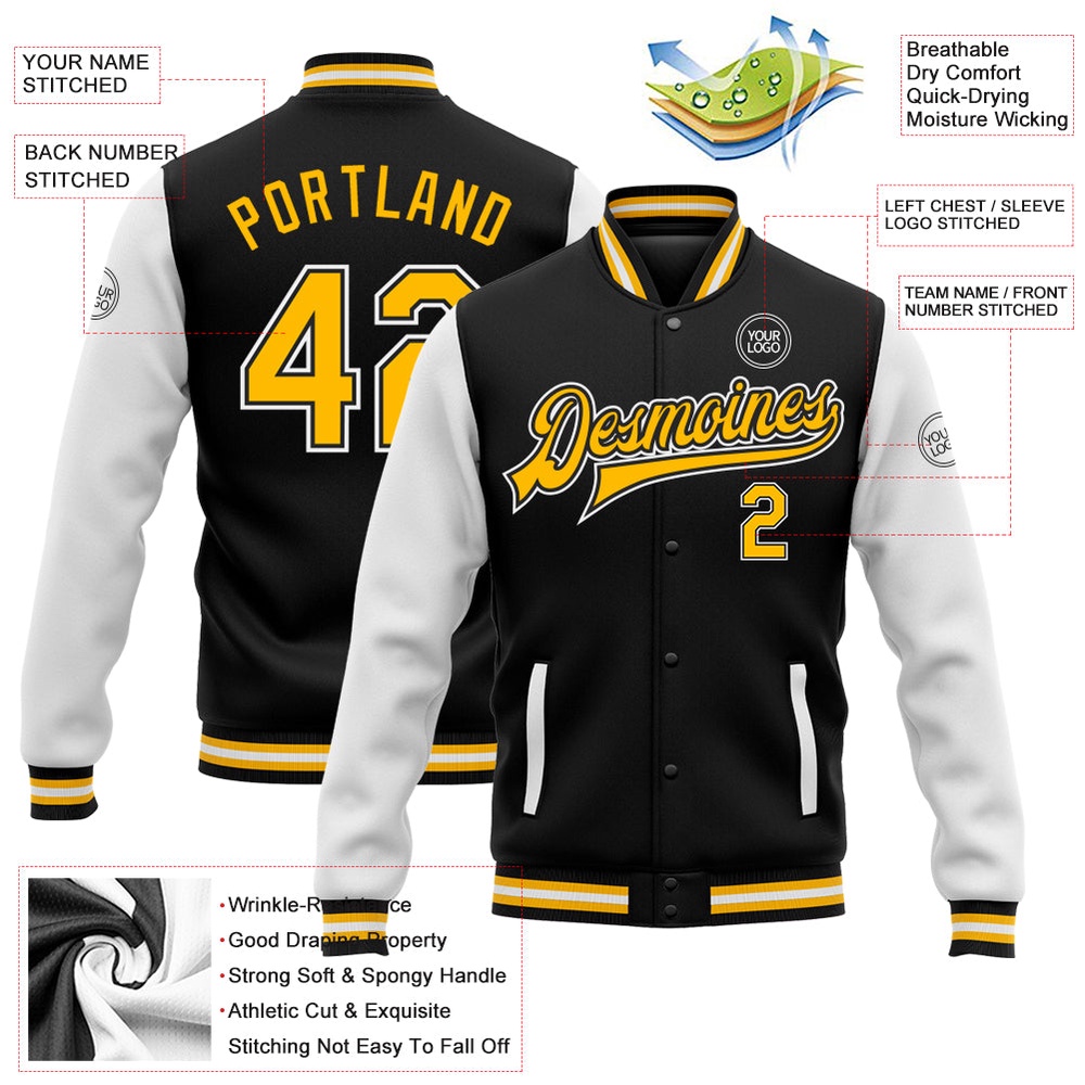 Custom Black Gold White Bomber Full Snap Varsity Baseball Jacket, Custom Team Jacket