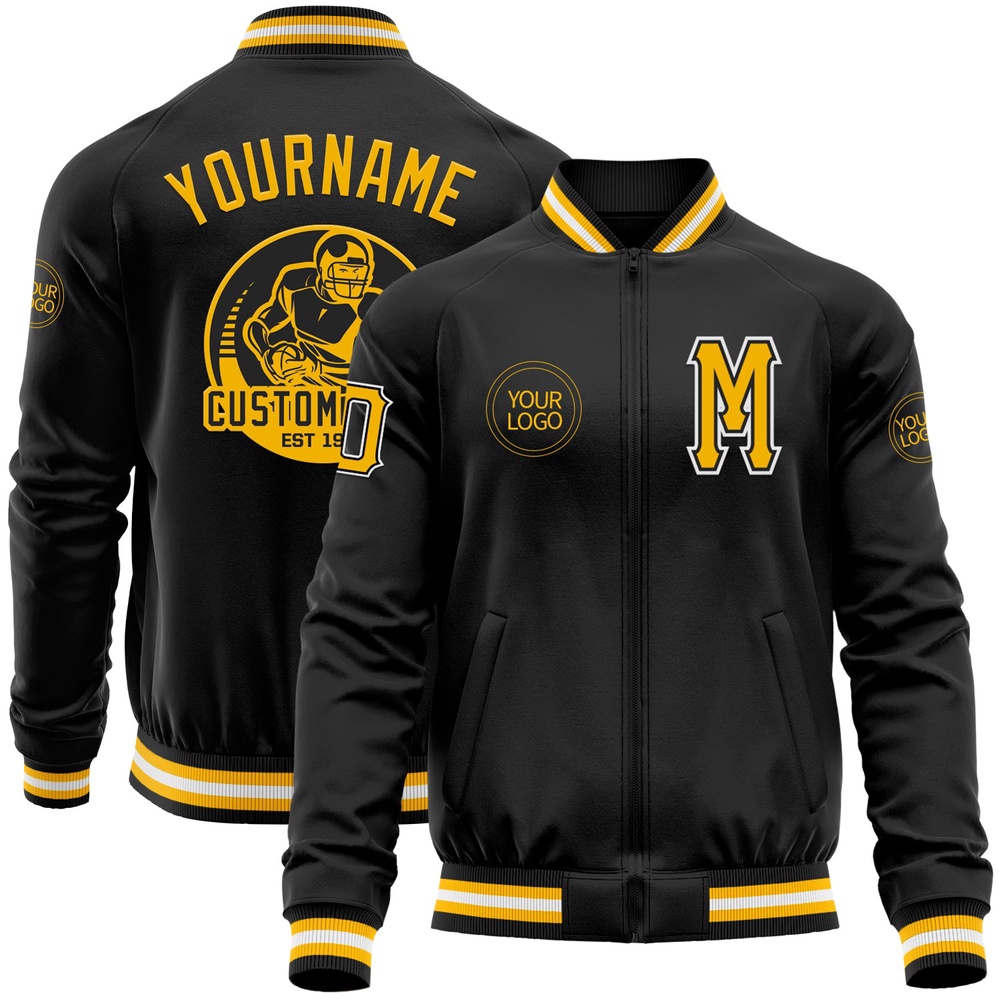 Custom Black Gold White Bomber Varsity Baseball Jacket, Custom Team Jacket