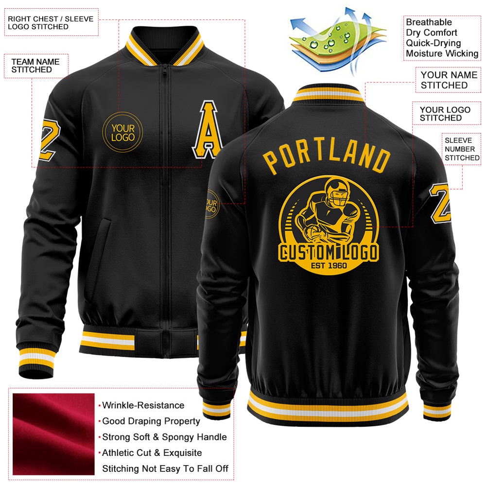 Custom Black Gold White Bomber Varsity Baseball Jacket, Custom Team Jacket