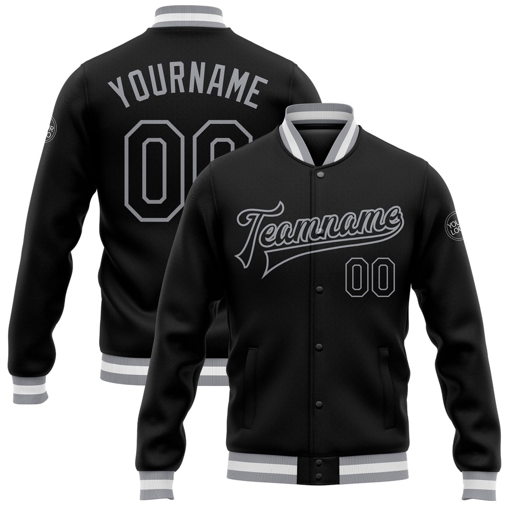 Custom Black Gray Bomber Full Snap Baseball Jacket, Custom Team Jacket
