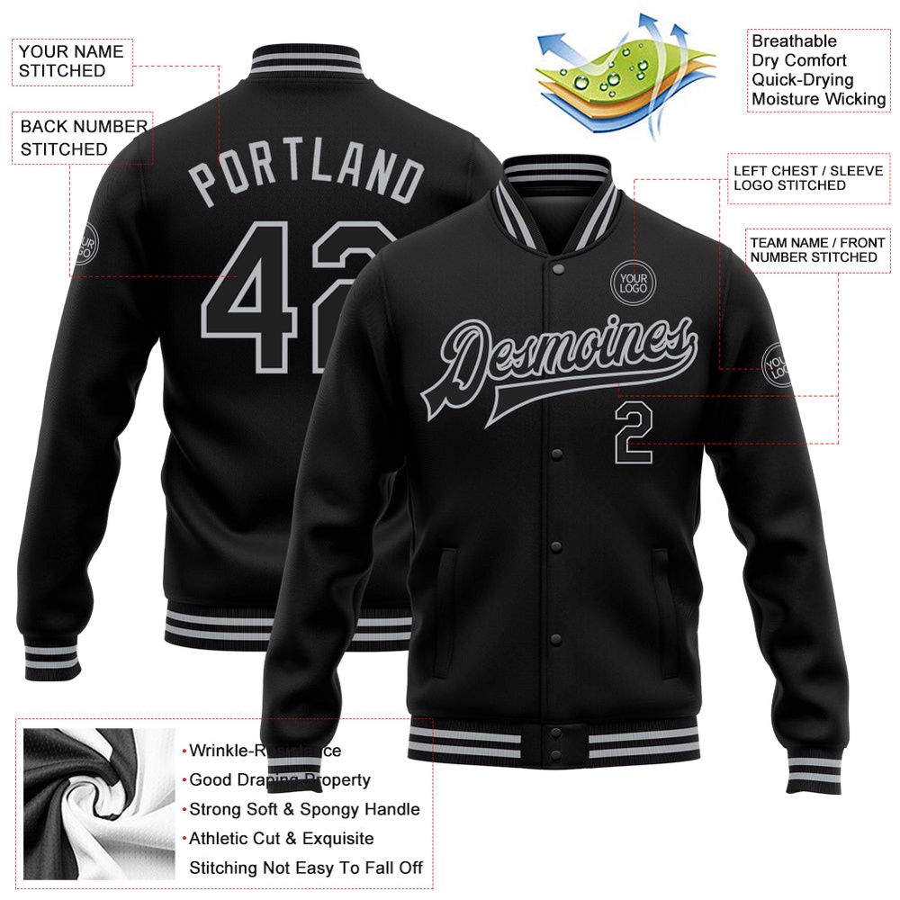 Custom Black Gray Bomber Full Snap Baseball Jacket, Custom Team Jacket