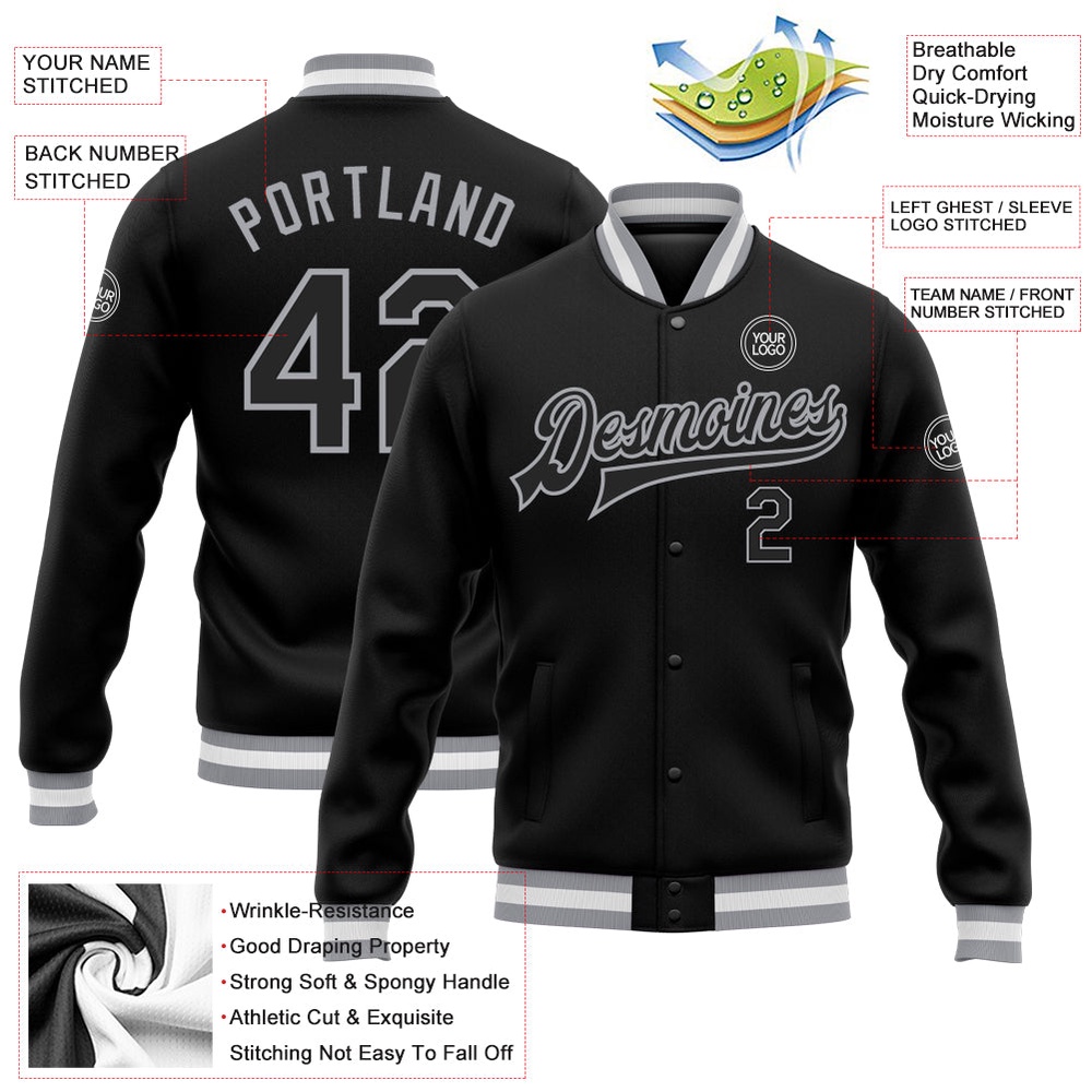 Custom Black Gray Bomber Full Snap Baseball Jacket, Custom Team Jacket