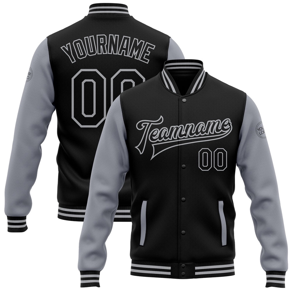 Custom Black Gray Bomber Full Snap Varsity Baseball Jacket, Custom Team Jacket