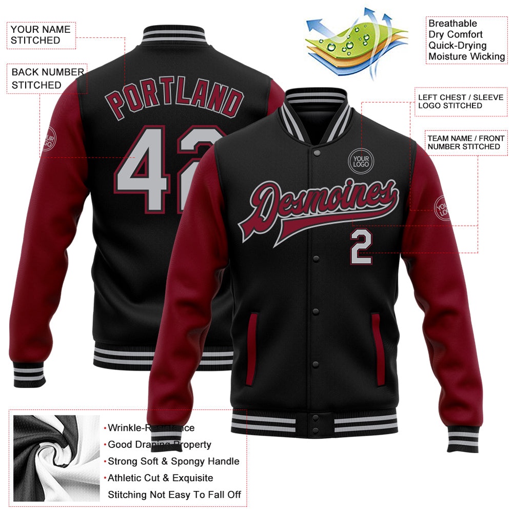 Custom Black Gray Crimson Bomber Full Snap Varsity Baseball Jacket, Custom Team Jacket