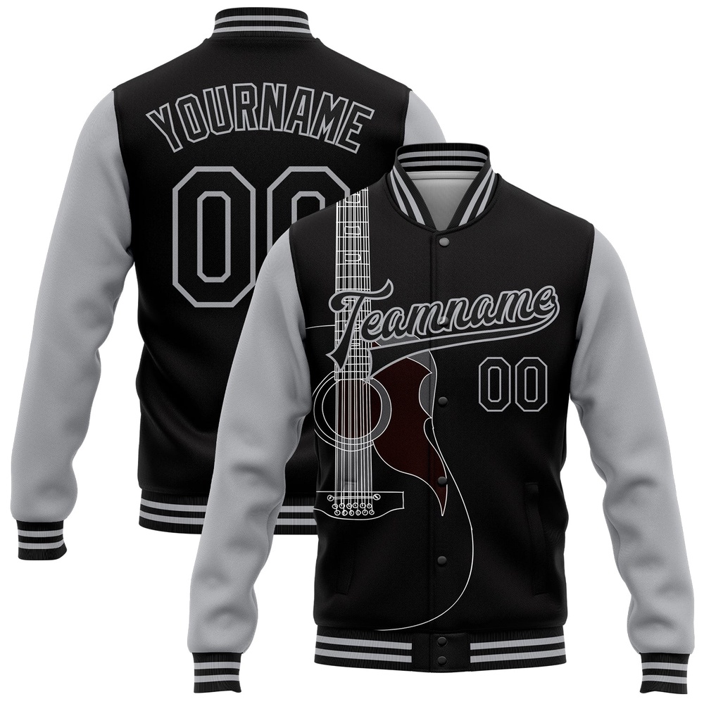 Custom Black Gray Guitar Music Festival 3D Pattern Design Bomber Full Snap Baseball Jacket, Custom Team Jacket Custom Black Gray Guitar Music Festival 3D Pattern Design Bomber Full Snap Baseball Jacket, Custom Team Jacket